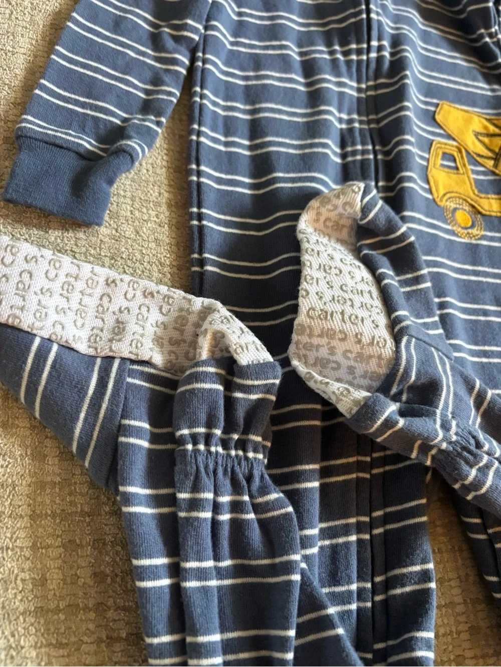 Carter's Navy and White Striped Footed One-Piece with Yellow Truck